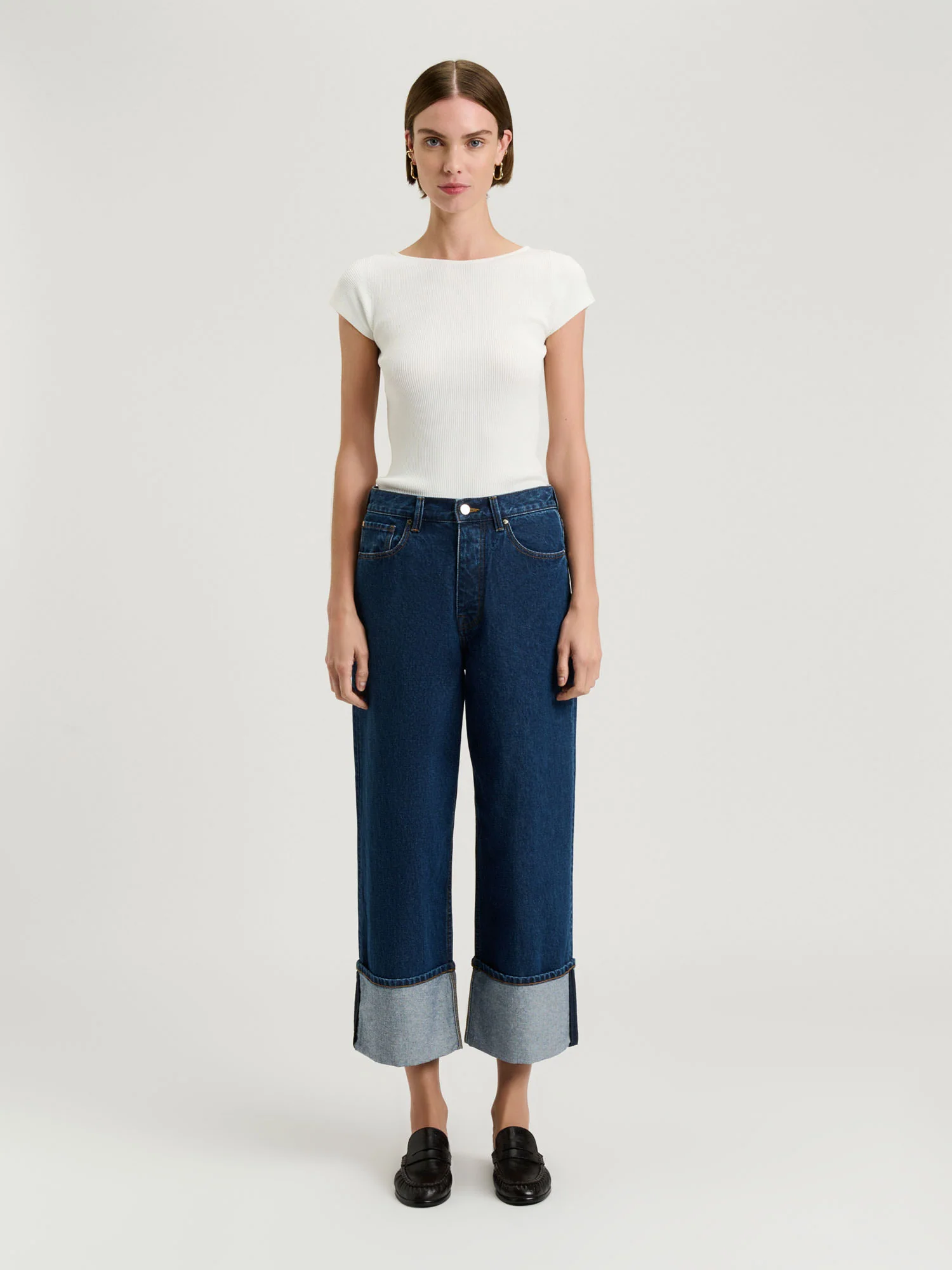 Cotton Denim Cropped Turn Up Jean
