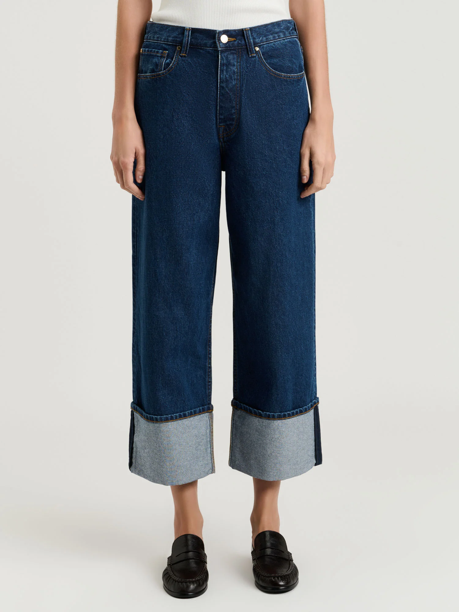 Cotton Denim Cropped Turn Up Jean - Image 2