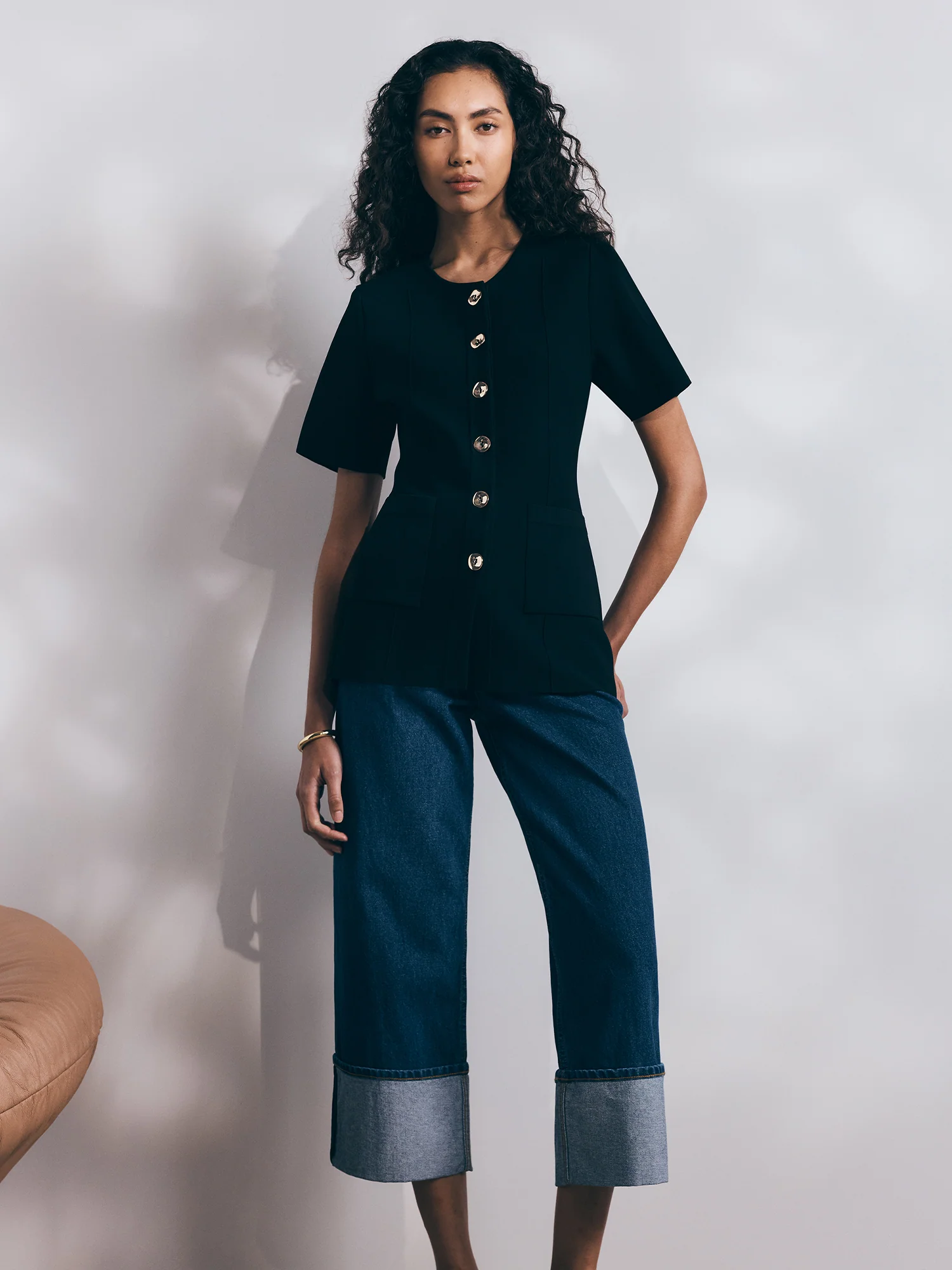 Cotton Denim Cropped Turn Up Jean - Image 5