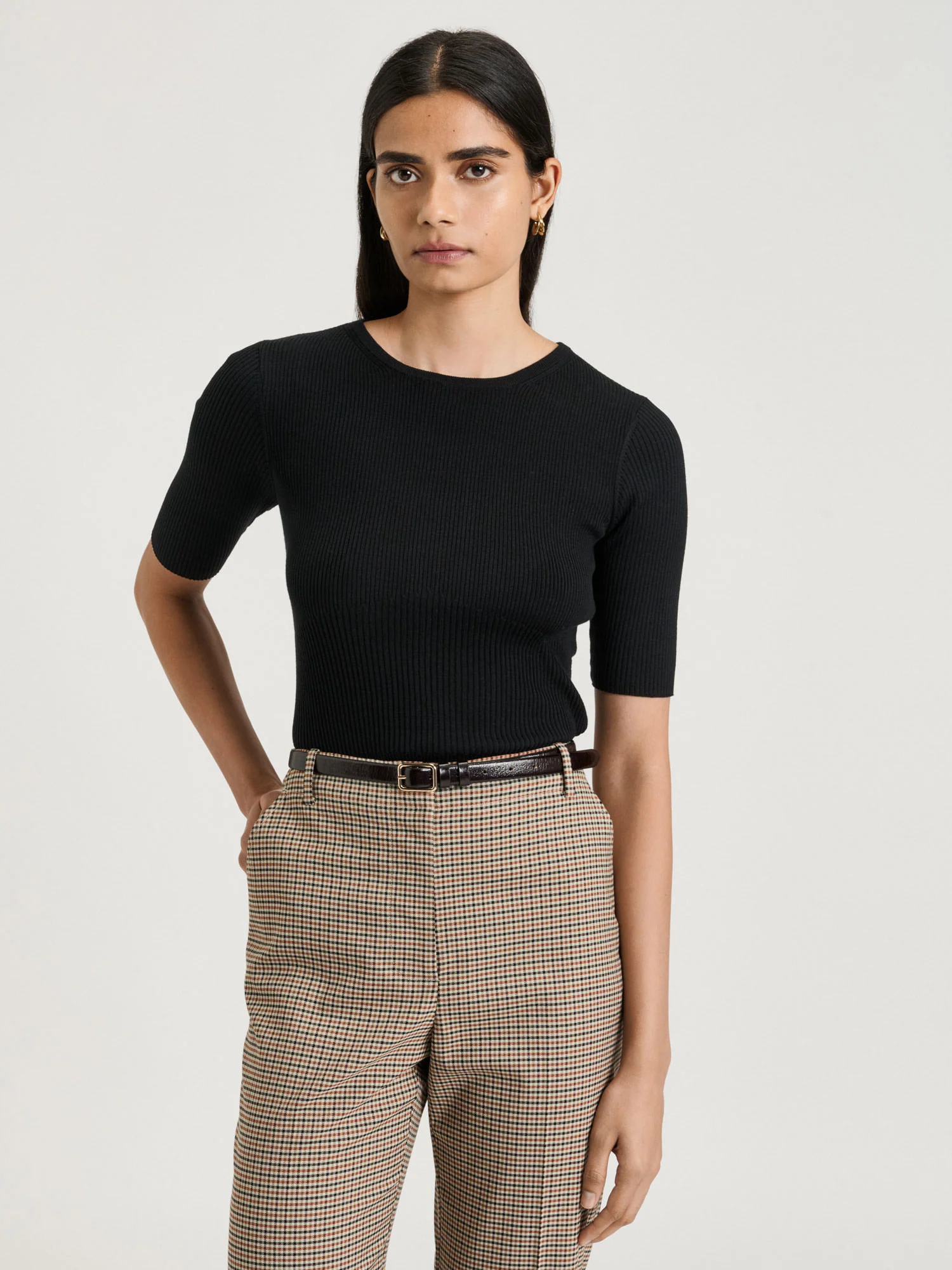 Cotton Silk Blend Crew Neck Ribbed Knit Top - Image 6
