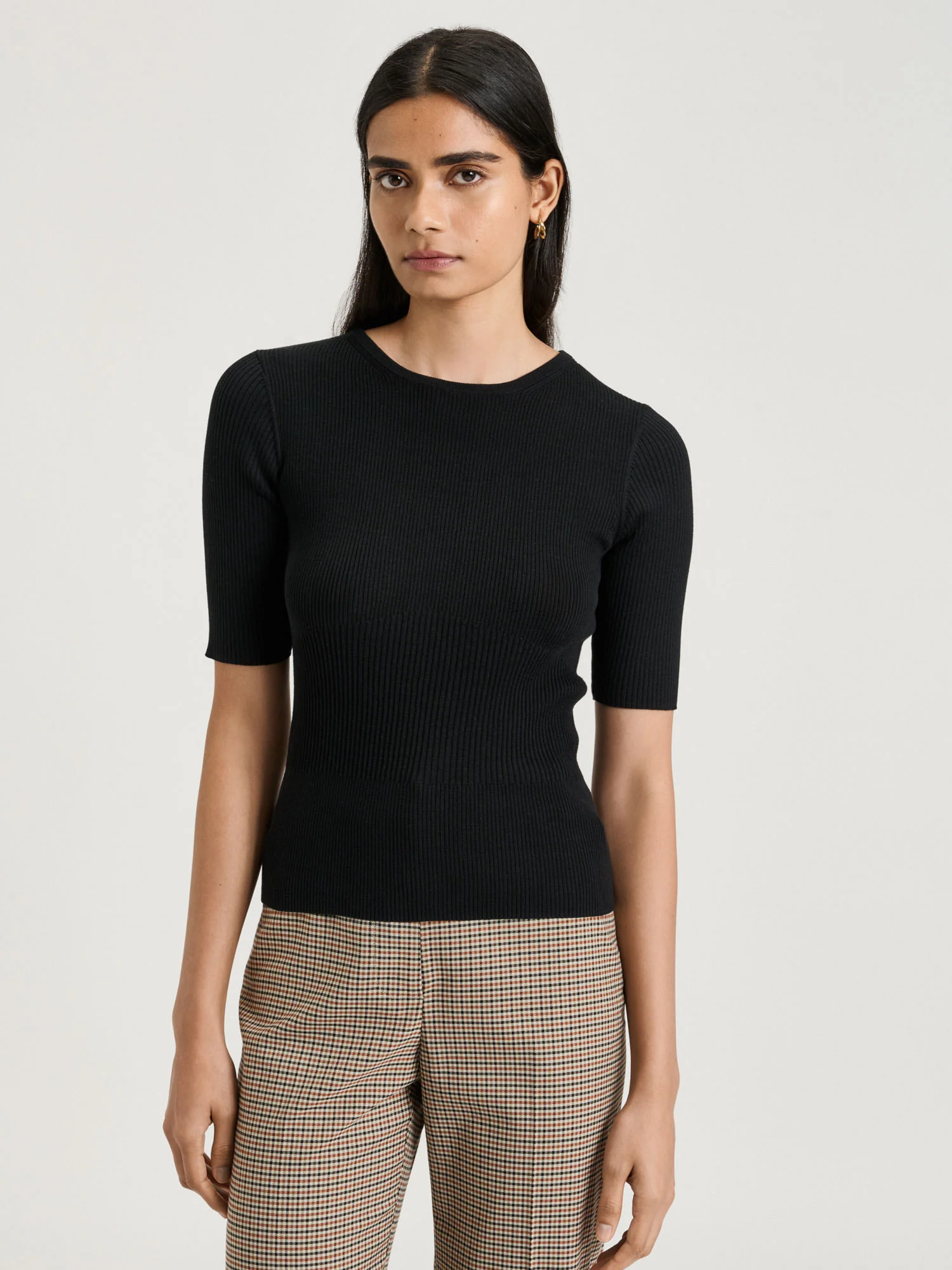 Cotton Silk Blend Crew Neck Ribbed Knit Top - Image 7