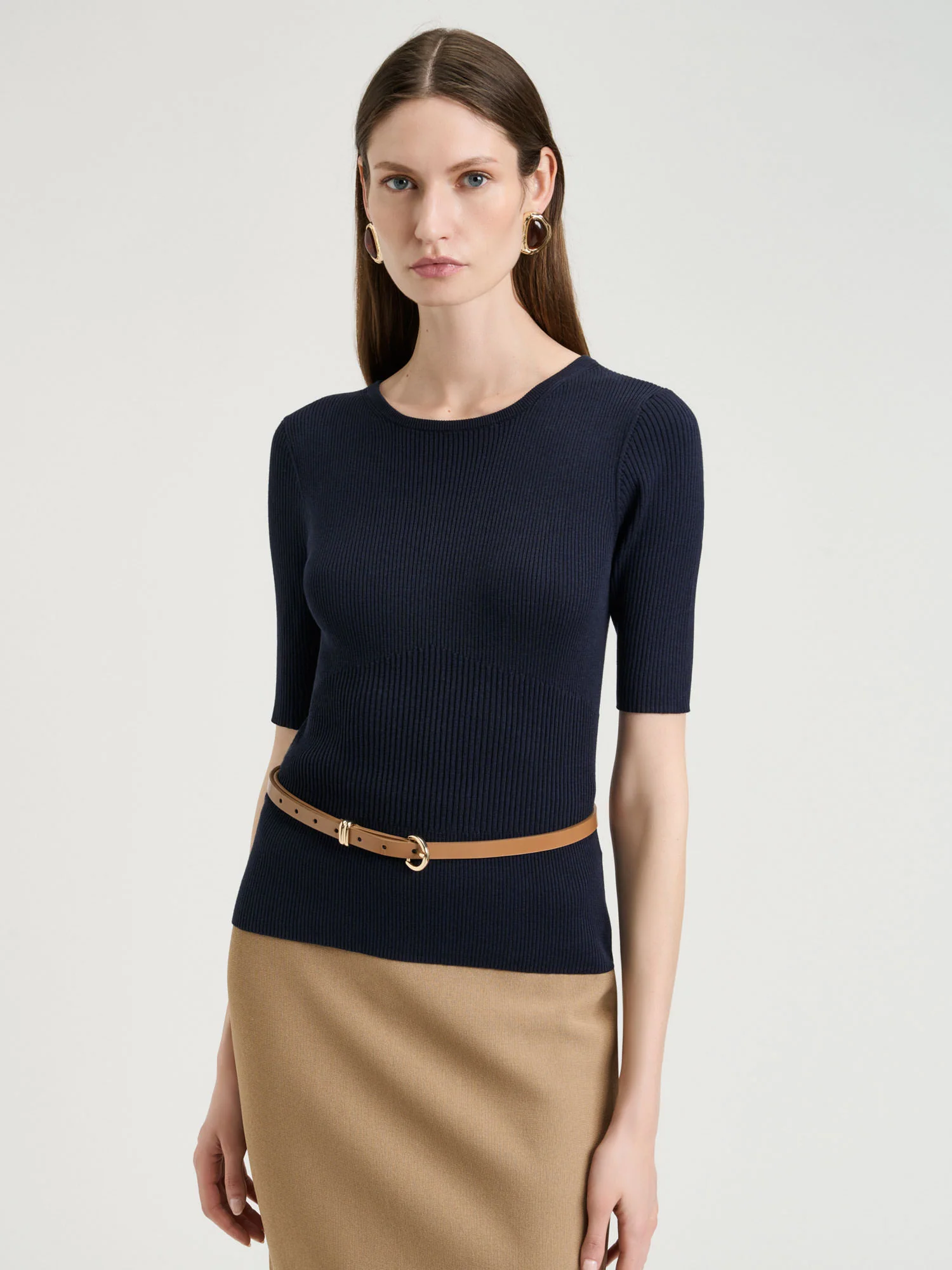 Cotton Silk Blend Crew Neck Ribbed Knit Top