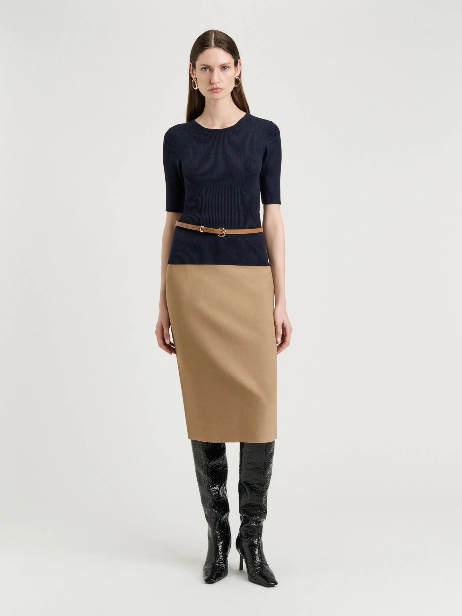 Cotton Silk Blend Crew Neck Ribbed Knit Top - Image 2