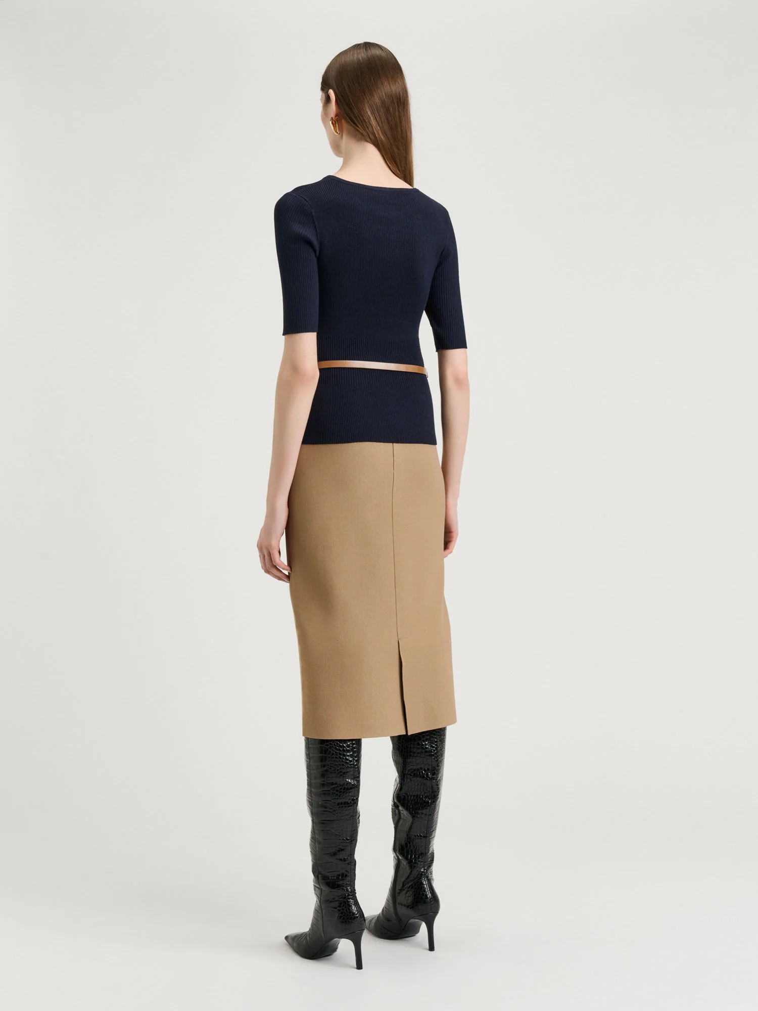 Cotton Silk Blend Crew Neck Ribbed Knit Top - Image 3