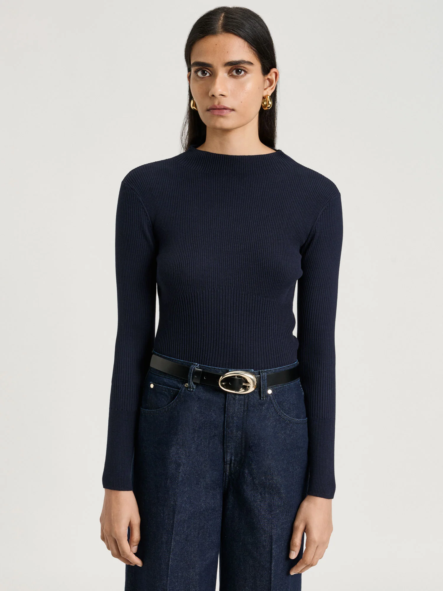 Cotton Silk Blend Mock Neck Ribbed Knit Top - Image 9