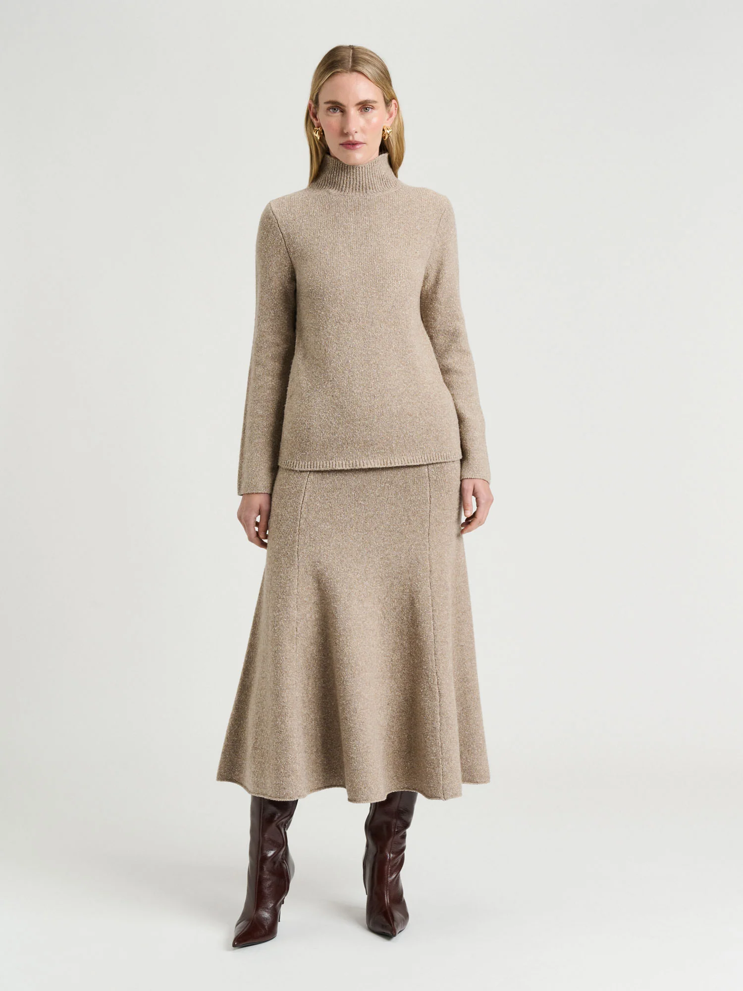 Merino Silk Blend Textured Knit Flared Skirt