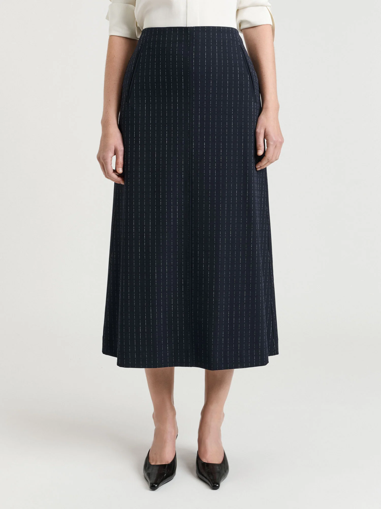 Navy Pinstripe A Line Skirt - Image 2