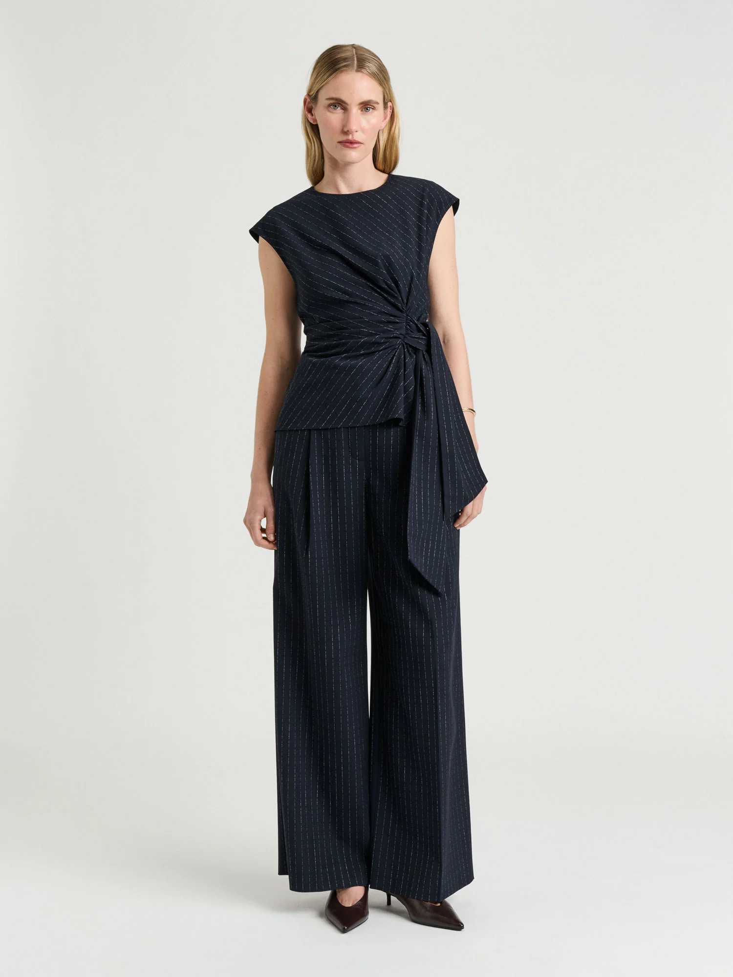 Navy Pinstripe Straight Leg Pant