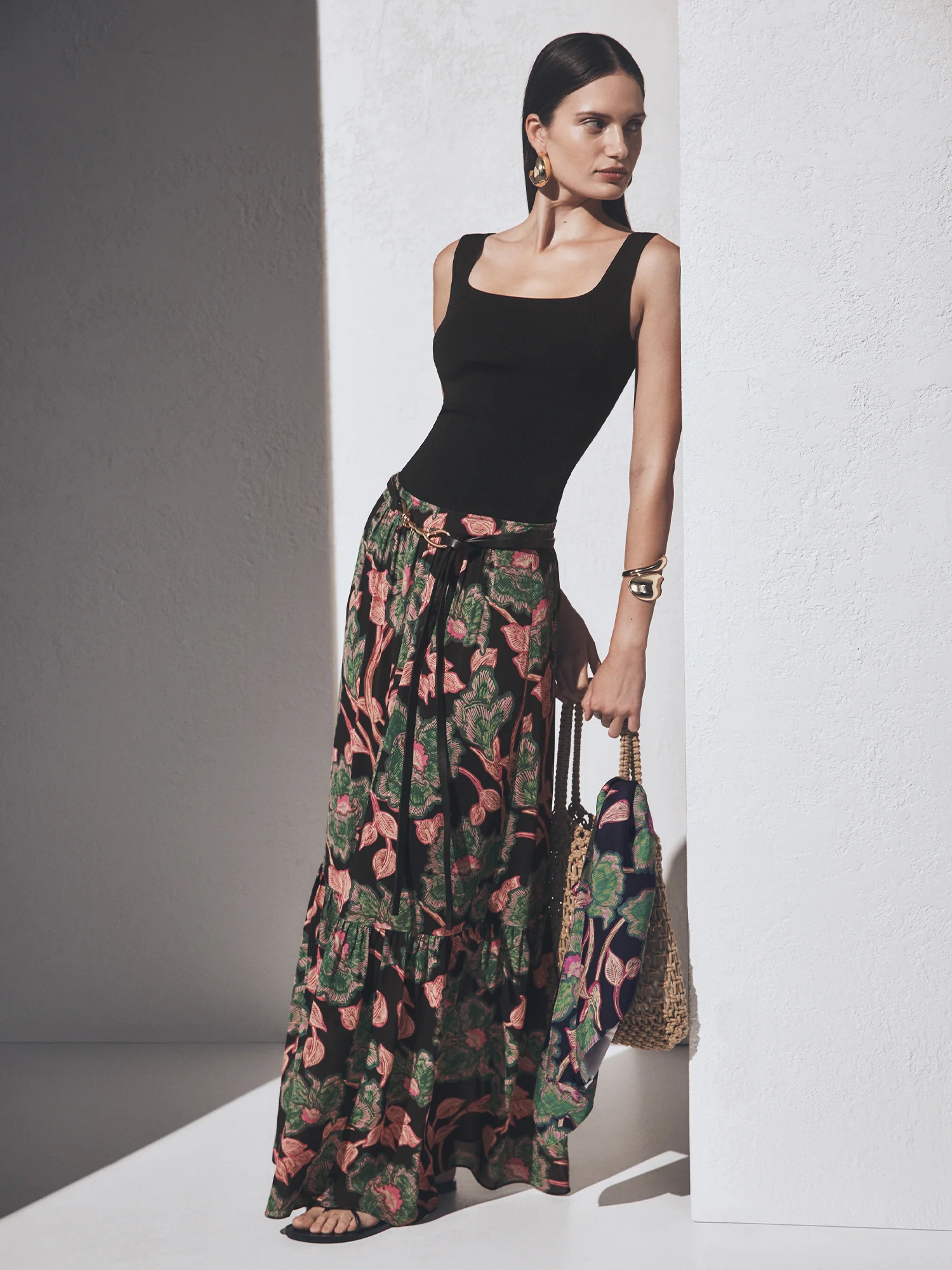 Noir Batik Bloom Georgette Tiered Maxi Skirt - Image 5