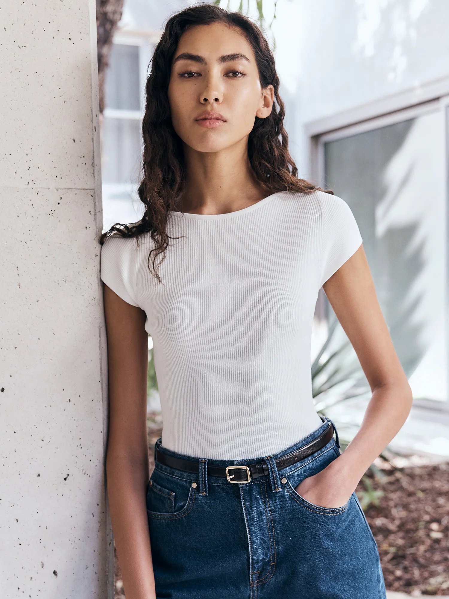 Ribbed Cap Sleeve Boat Neck Knit - Image 4