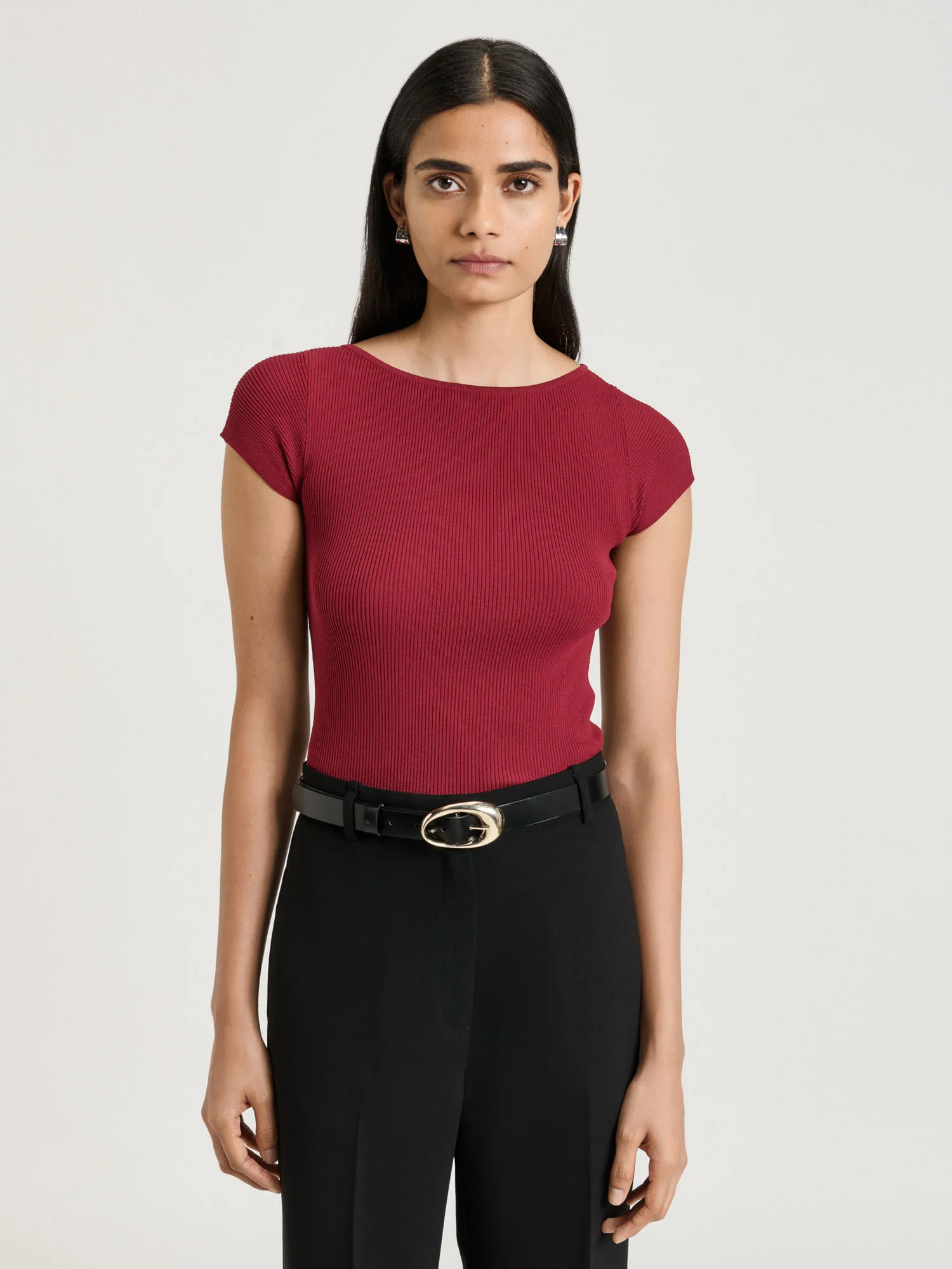 Ribbed Cap Sleeve Boat Neck Knit