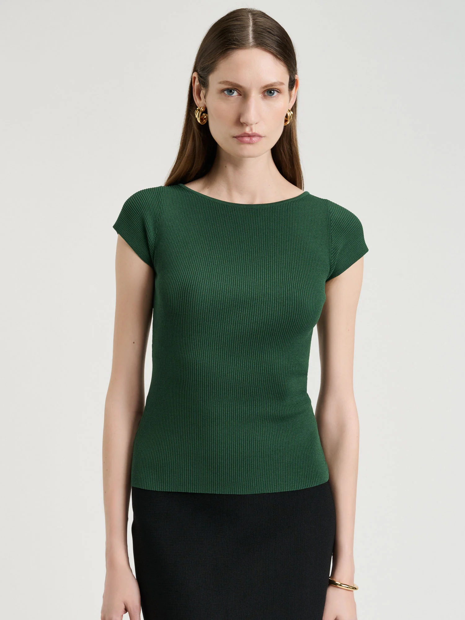 Ribbed Cap Sleeve Boat Neck Knit