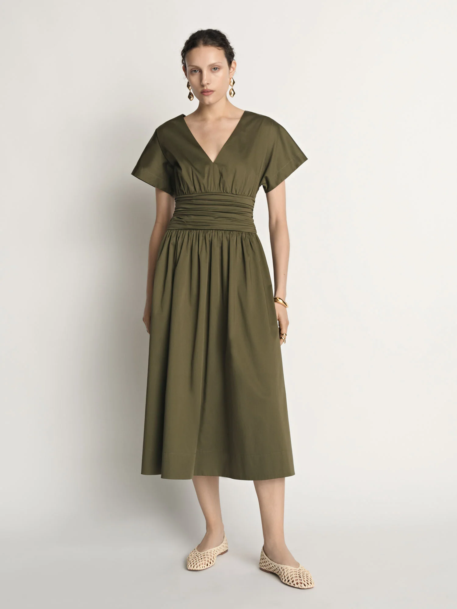 Stretch Cotton Gathered Waist Midi Dress
