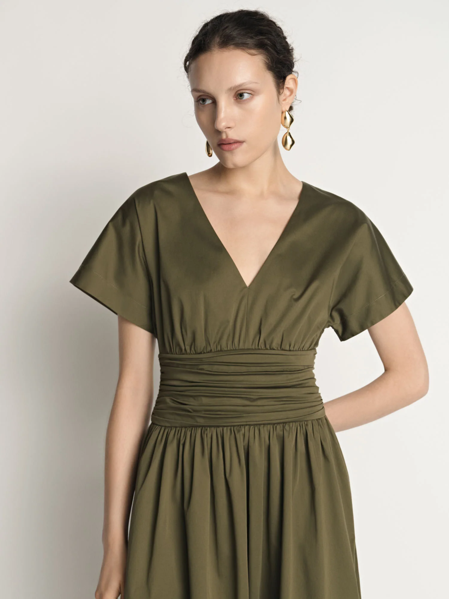 Stretch Cotton Gathered Waist Midi Dress - Image 2