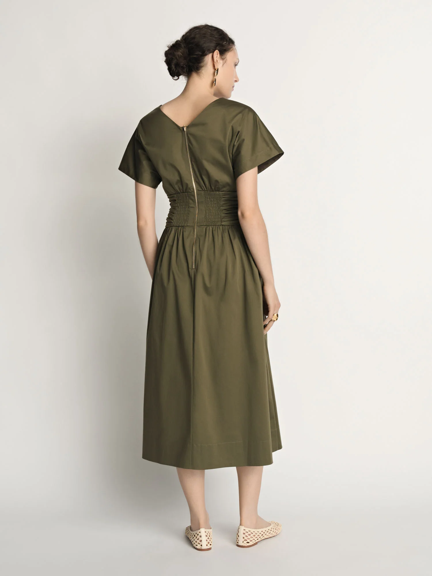 Stretch Cotton Gathered Waist Midi Dress - Image 4