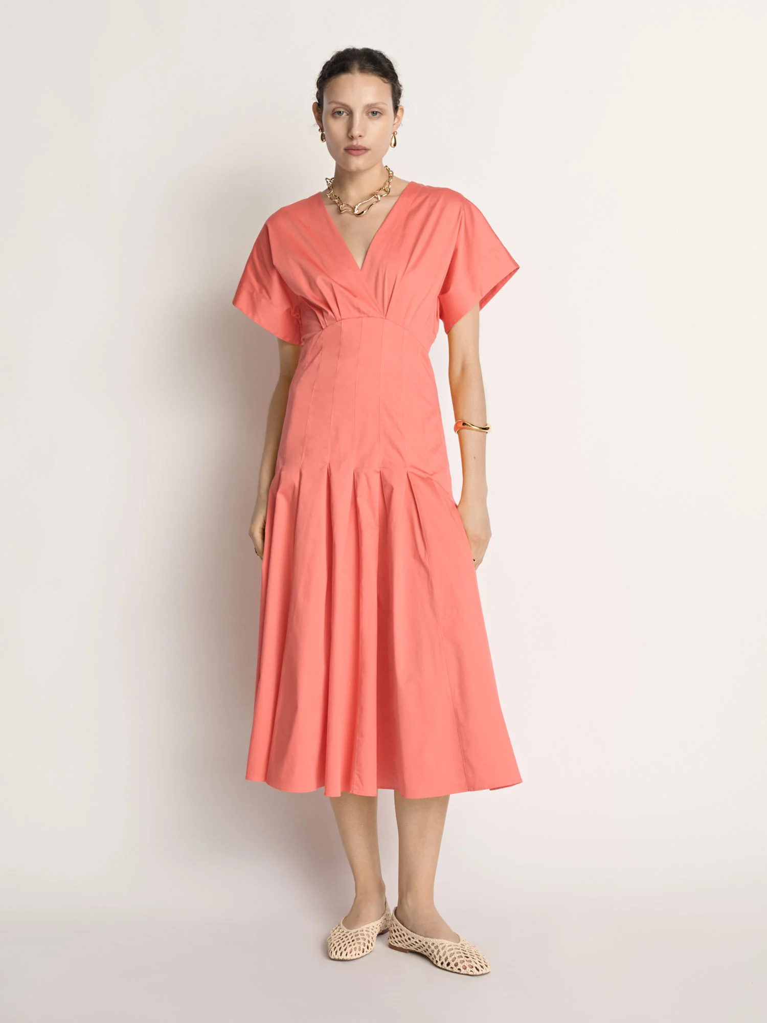 Stretch Cotton Pleat Midi Dress