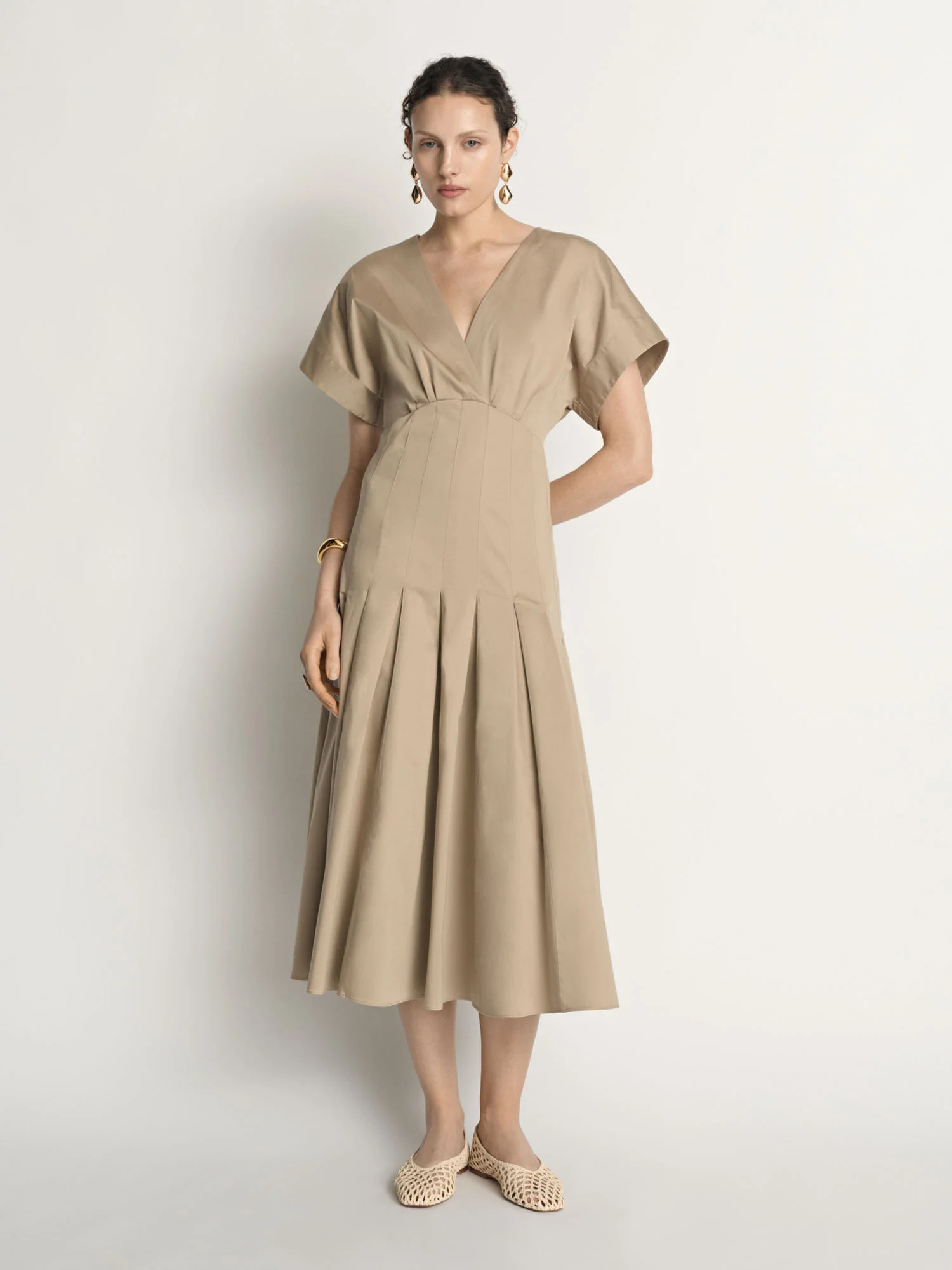 Stretch Cotton Pleat Midi Dress