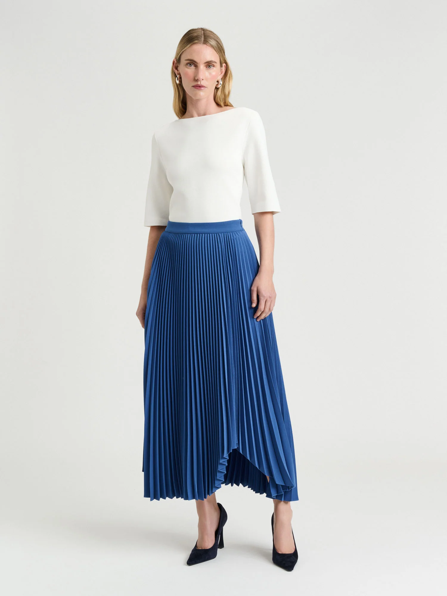 Stretch Crepe Pleated Midi Skirt