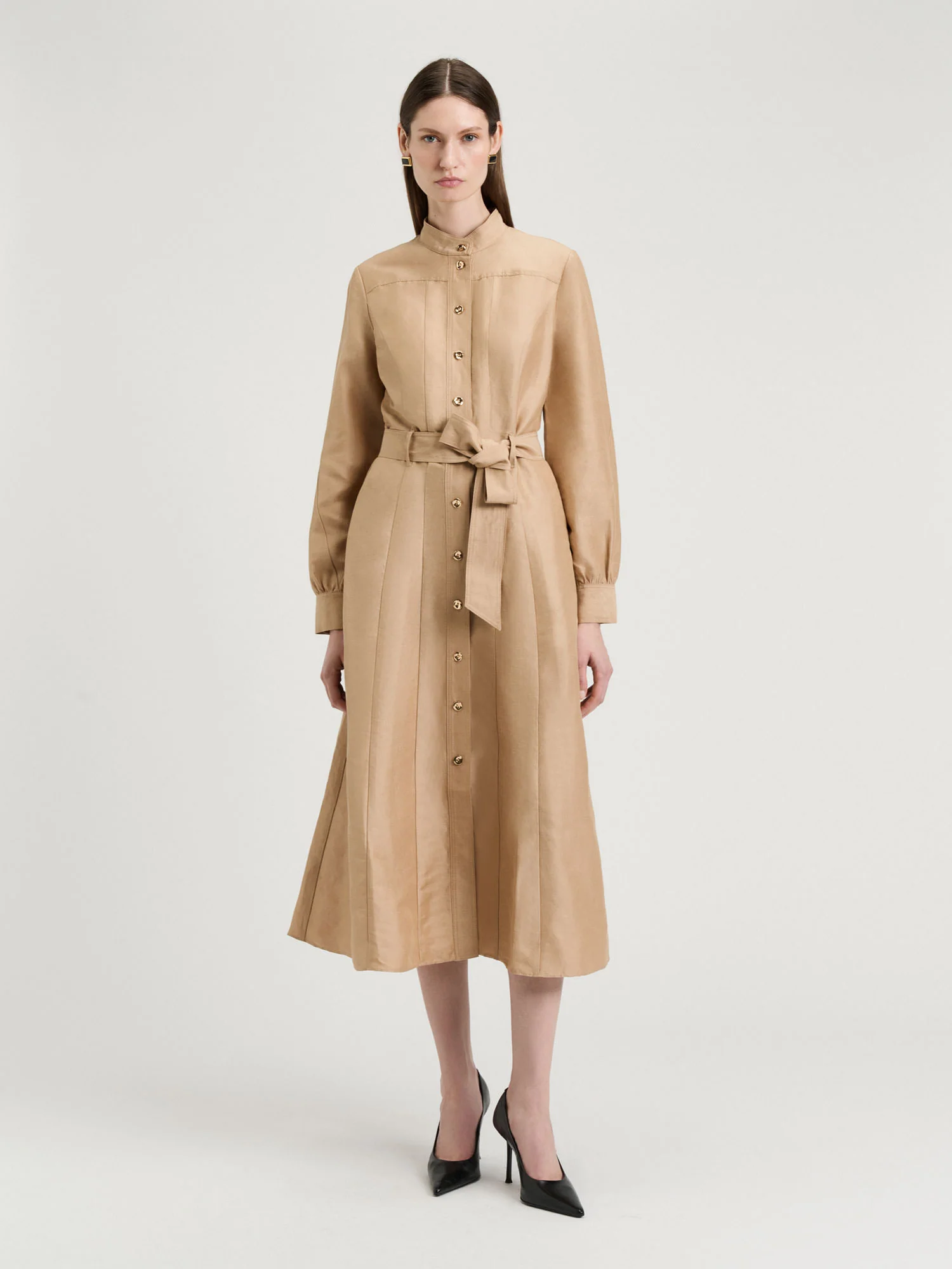 Taupe Linen Viscose Midi Shirtdress