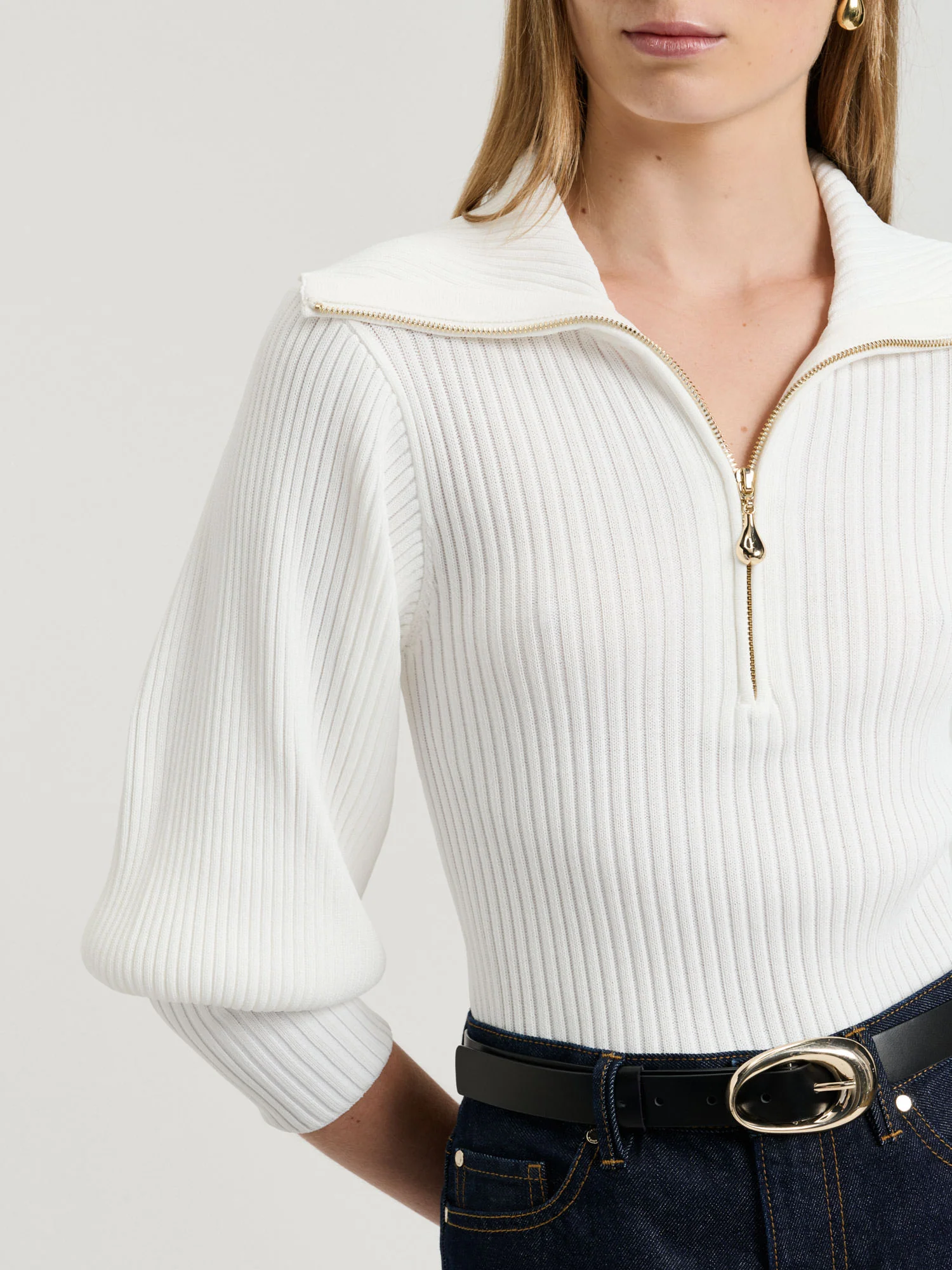 Zip Collar Blouson Sleeve Knit - Image 3