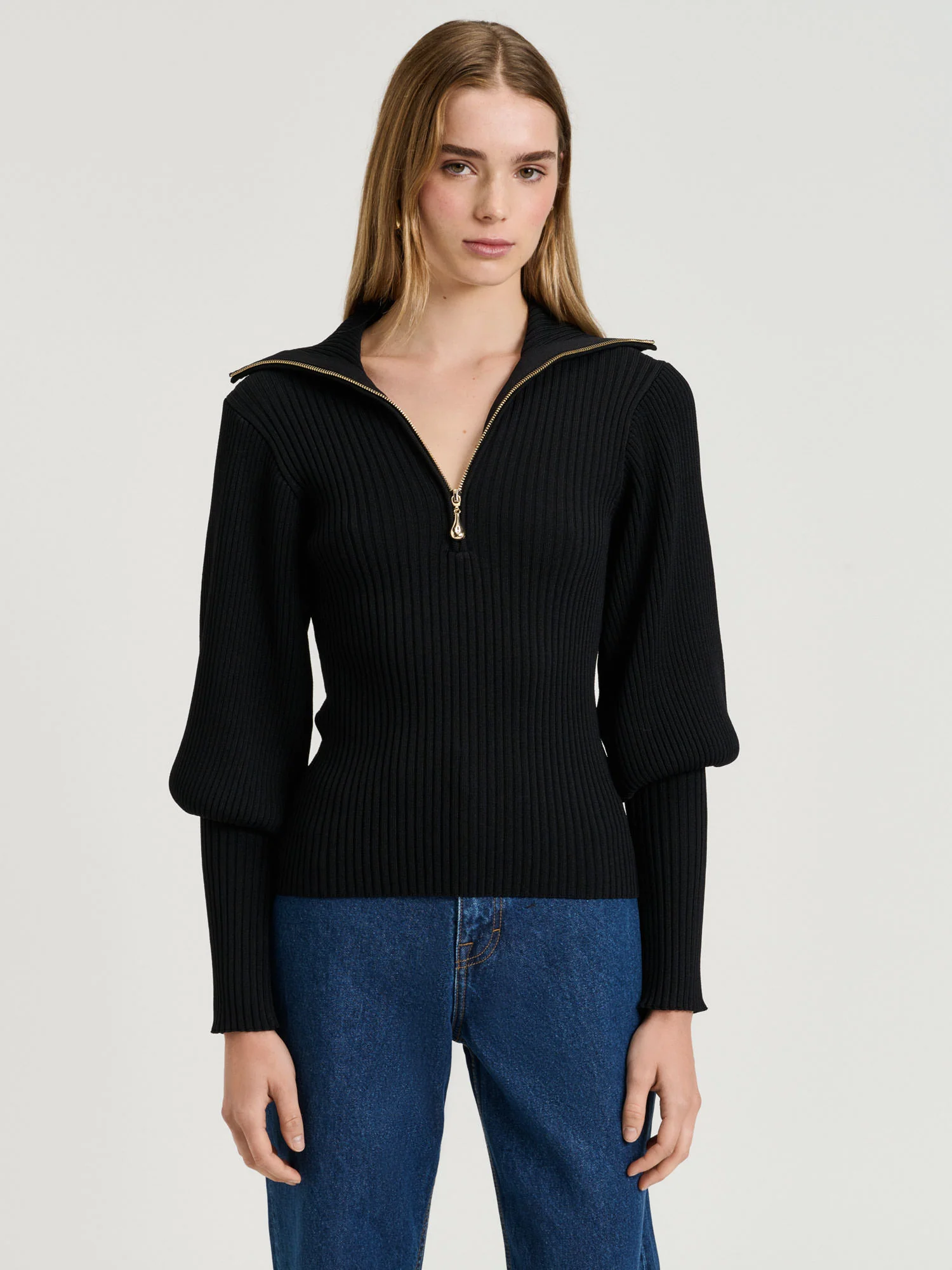 Zip Collar Blouson Sleeve Knit - Image 6